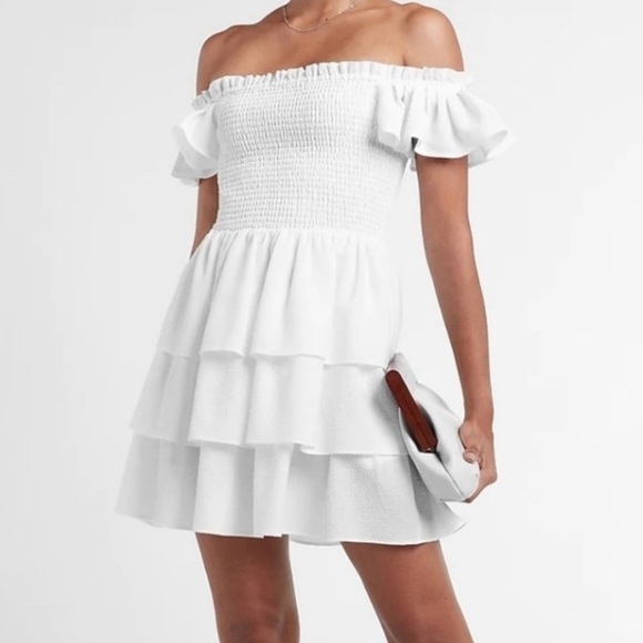 EXPRESS White colored Off the Shoulder Ruffle Tiered Dress, Size L NWT - Picture 9 of 13